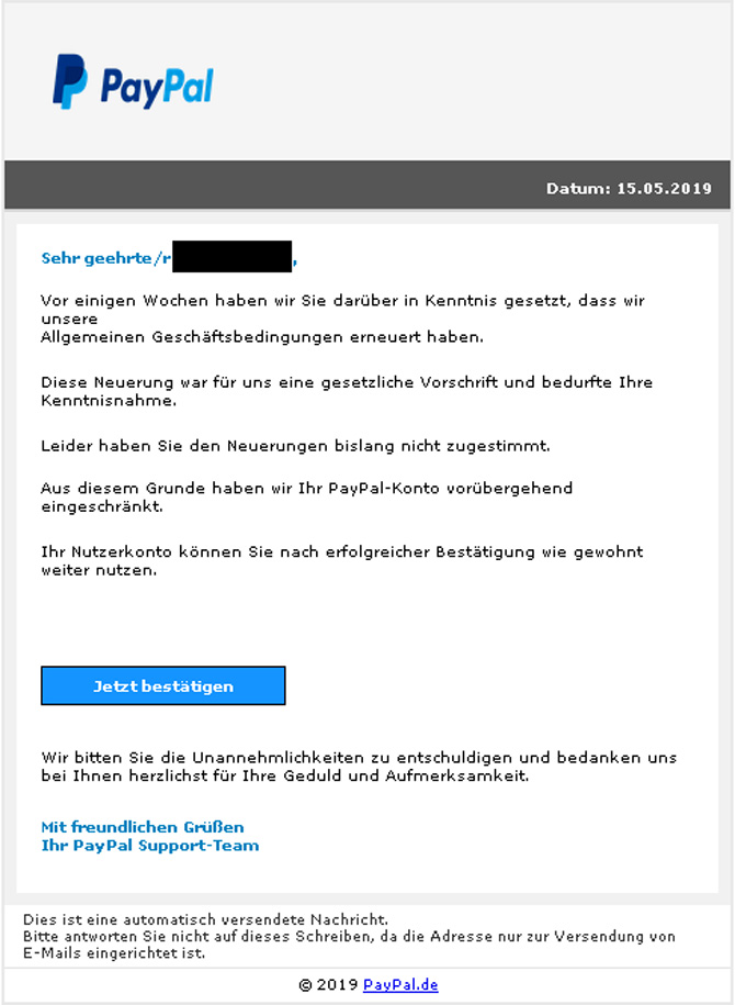 Screenshot einer Phishing-Mail mit PayPal-Logo