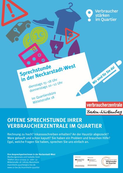 Plakat mit Infos zur Sprechstunde für Verbraucher in der Neckarstadt-West