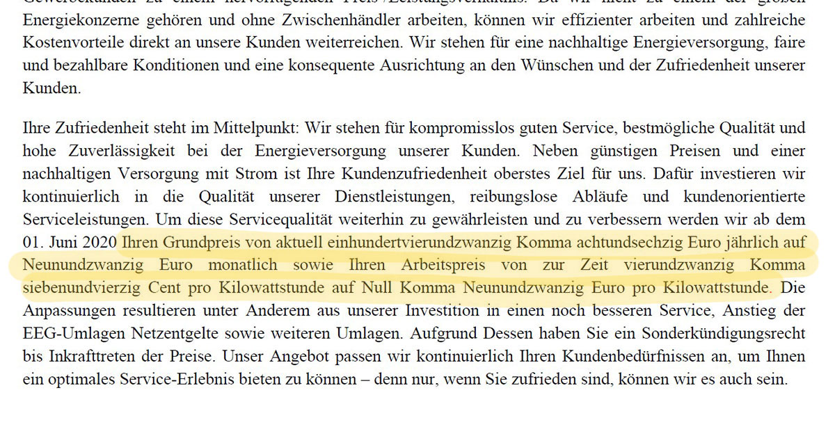 Beispiel einer Preiserhöhung im Fließtext