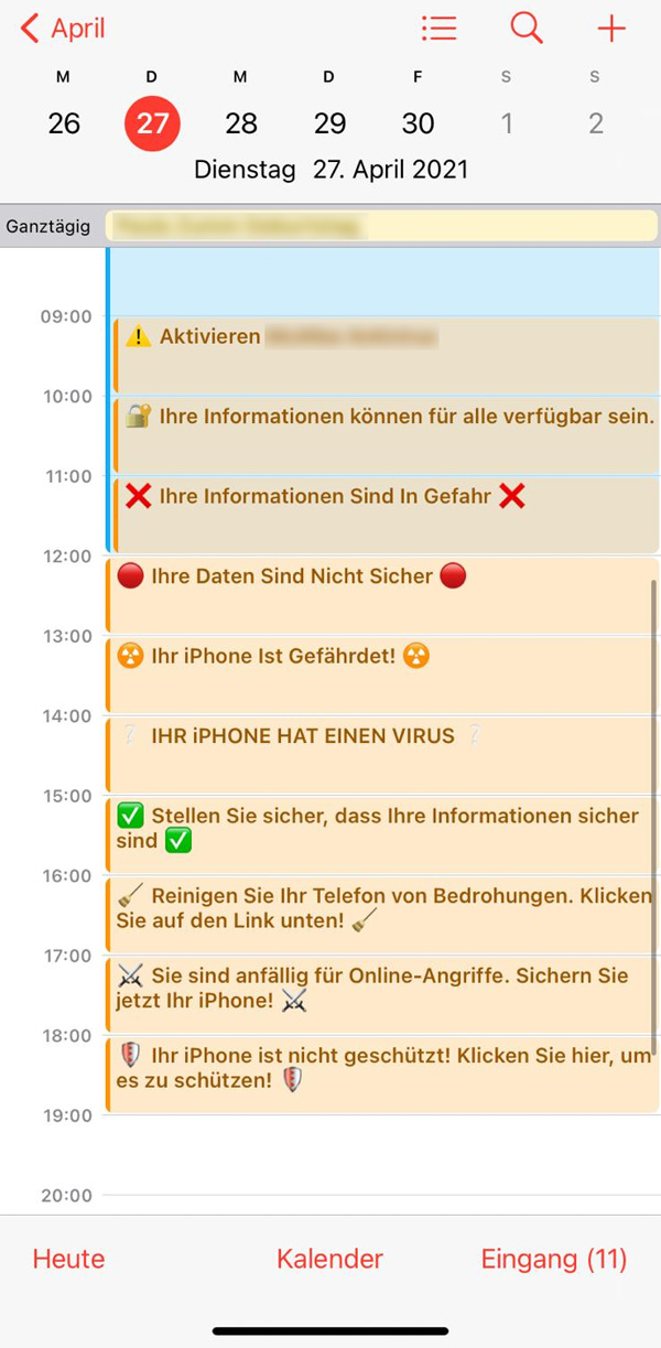 Screenshot von zehn Spam-Terminen an einem Tag in einem iPhone-Kalender