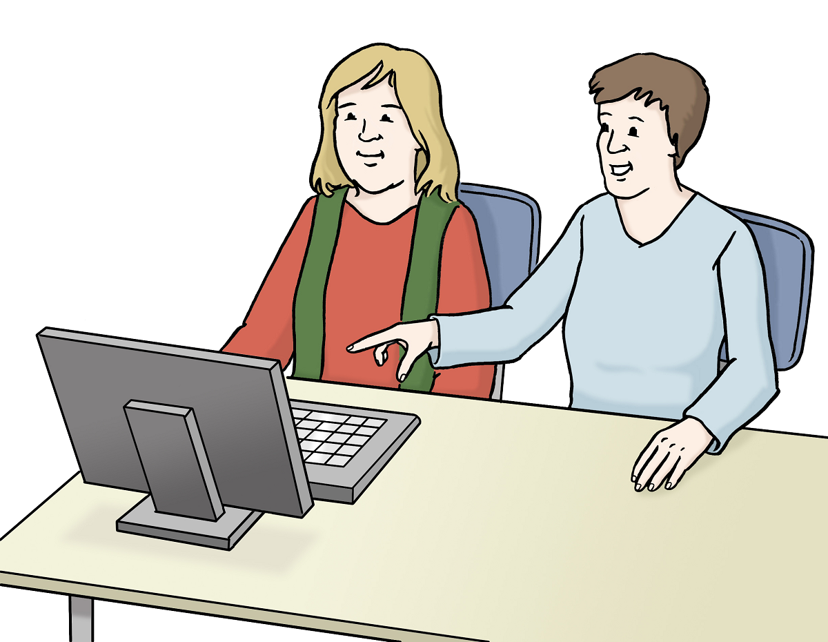Zwei Personen sitzen an einem Computer (Zeichnung).
