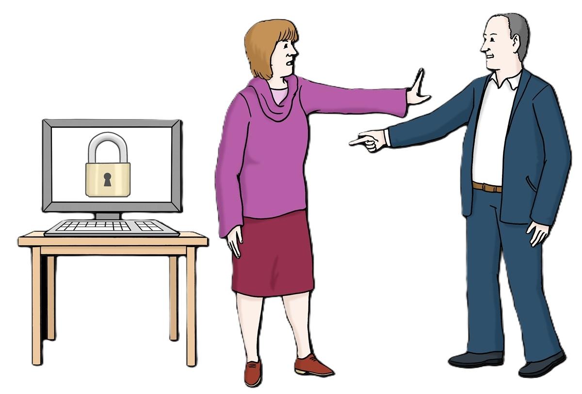 Computer mit Schloss, daneben Frau, die einen Mann abwehrt