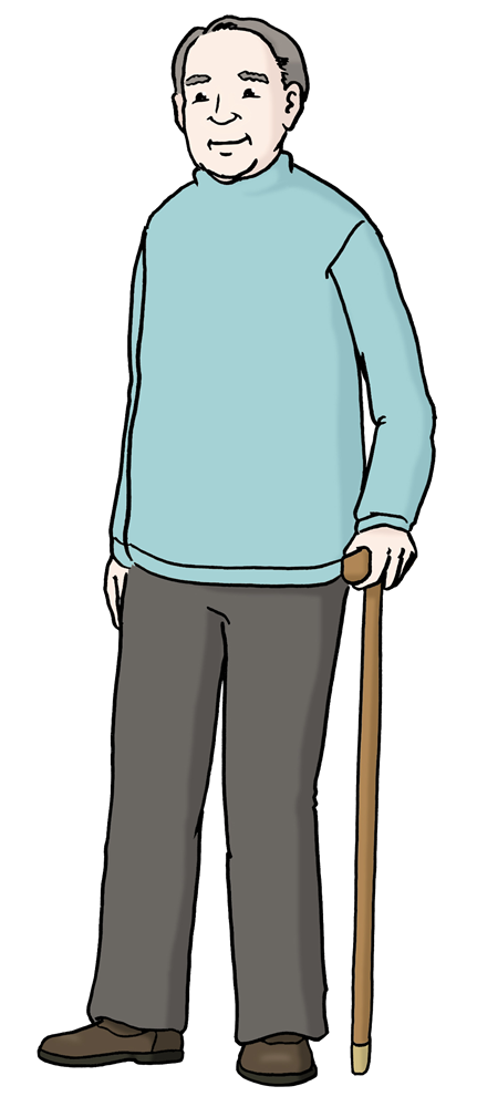 älterer Mann mit Krücke