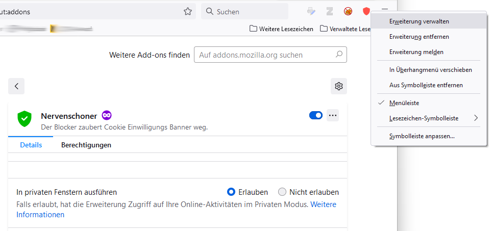 Bildschirmfoto zeigt Aktivierung des Plugins im privaten Modus bei bei Firefox
