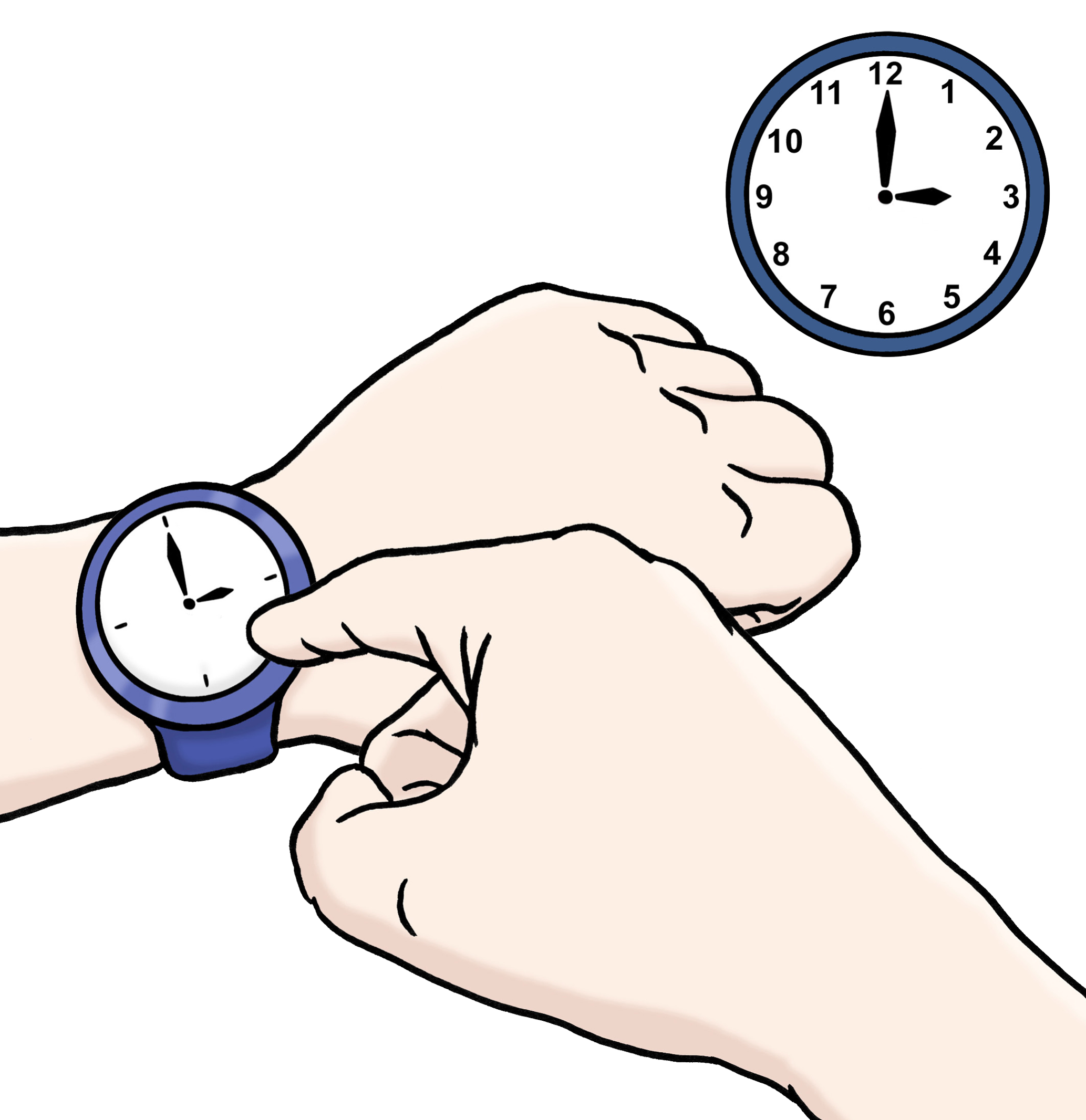 Zeichnung einer Hand mit Armbanduhr und einer Wanduhr im Hintergrund. 