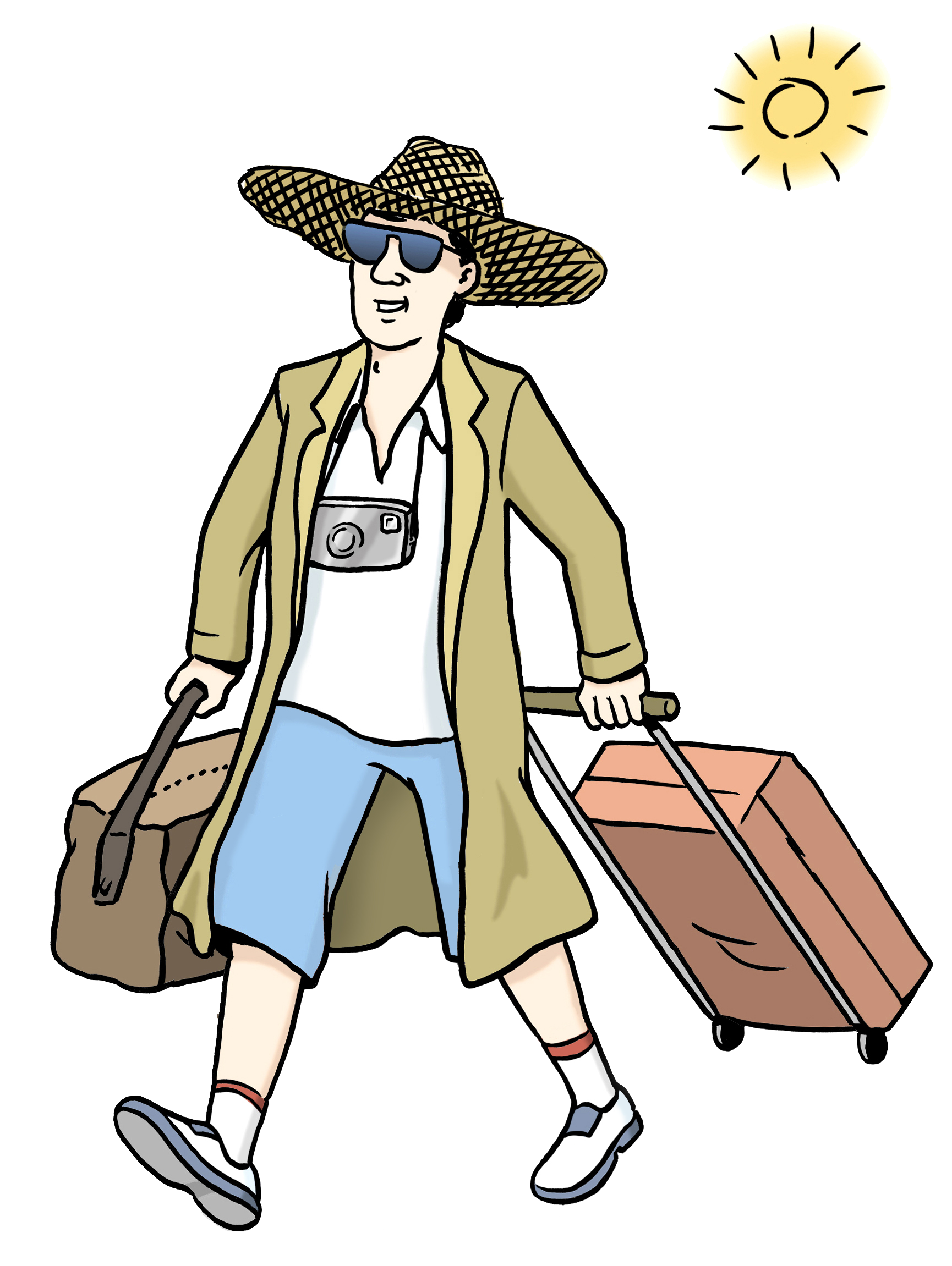 Zeichnung eines Mannes mit Koffer, Sonnenhut und Sonnenbrille.
