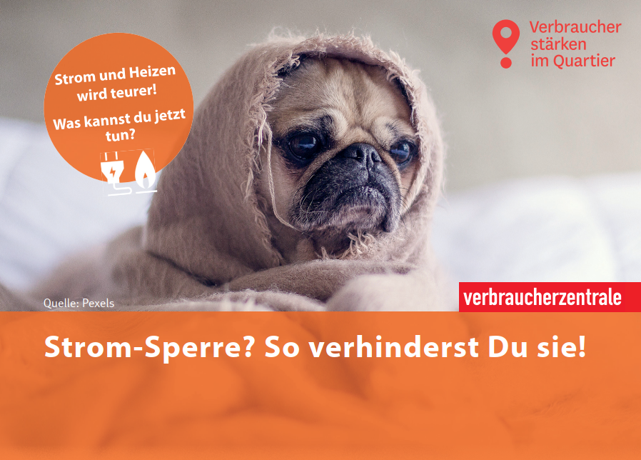Postkarte Vorderseite: Kleiner Hund in Decke eingewickelt, nur der Kopf ist sichtbar. Text darunter: Stromsperre? So verhinderst Du sie!