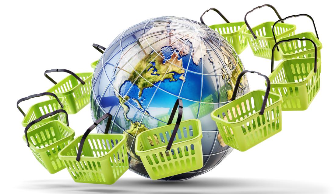 Warenkörbe drehen sich um eine Weltkugel