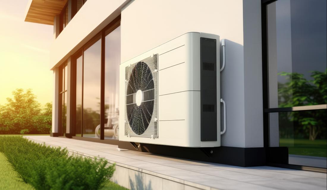 Bild mit Haus, das im Außenbereich eine Wärmepumpe hat.