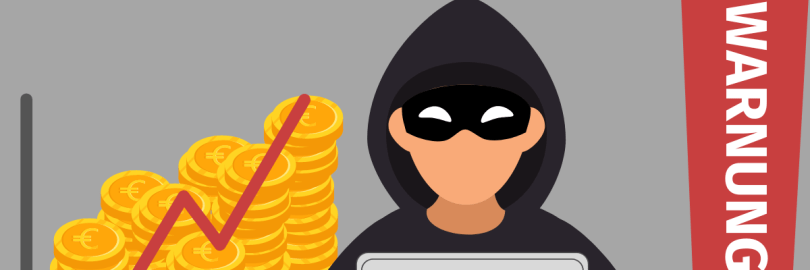 Ein Räuber am Laptop neben Geld und einem Ausrufezeichen mit dem Wort Warnung