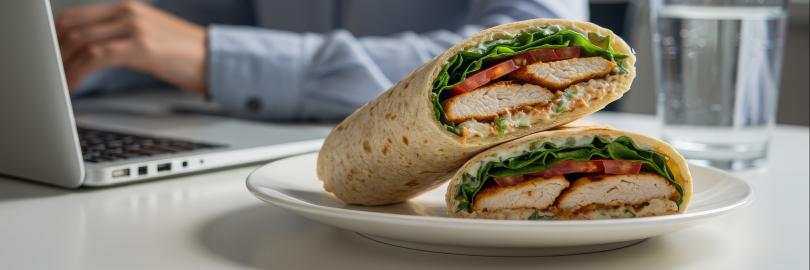 Zwei Wraps auf einem Bürotisch mit Mensch am Laptop im Hintergrund