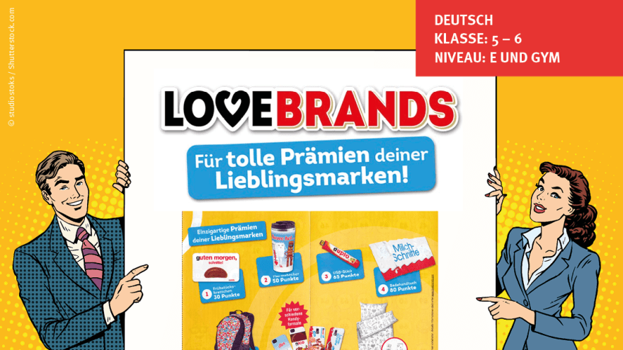 Comichafte Personen halten Tafel mit Lovebrands Schriftzug