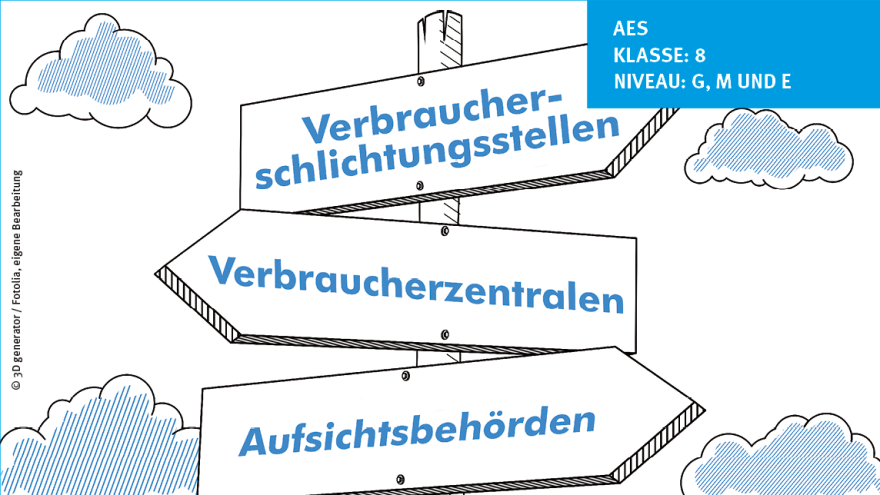 Wegweiser mit Verbraucherschutzinstitutionen