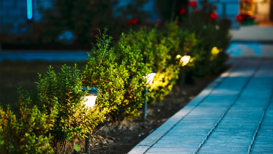 Gartenweg im Dunklen mit energiesparenden Lampen