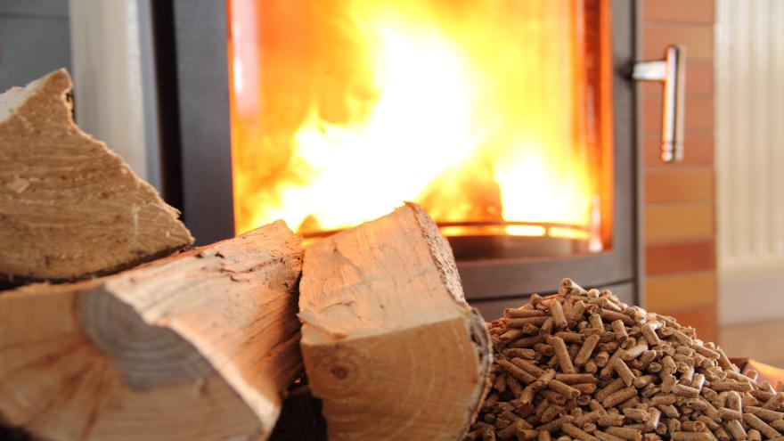Holzscheite und Pellets vor einem Kaminofen