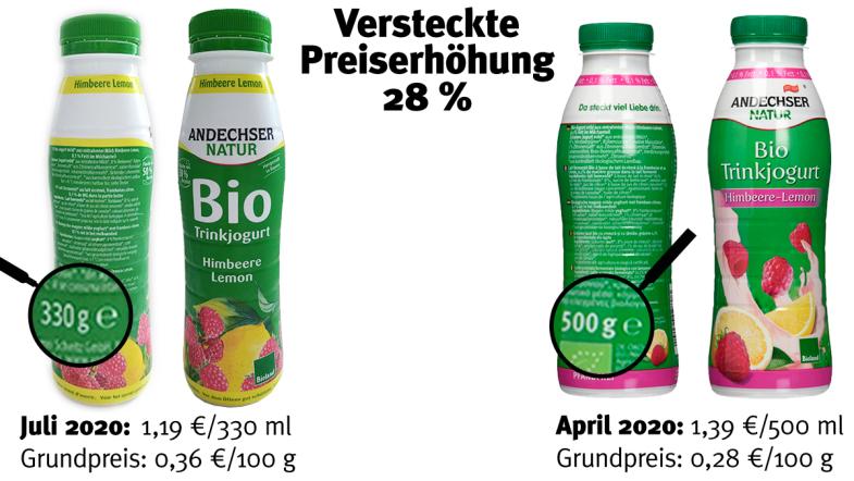 Versteckte Preiserhöhung bei Andechser Trinkjogurt
