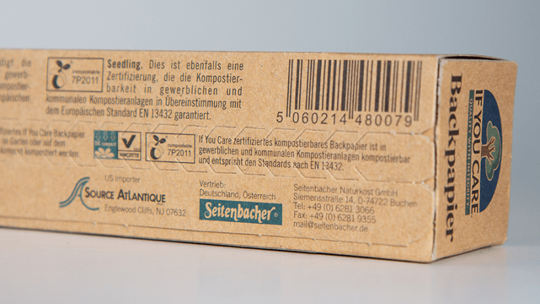 Verpackung Backpapier mit Hinweis auf Kompostierbarkeit