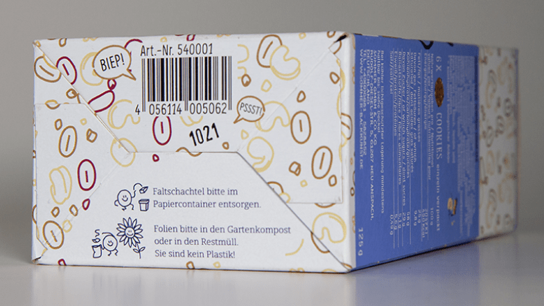 Verpackung Kekse mit Hinweis auf Boden