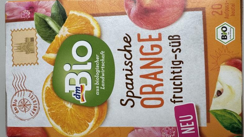 Vorderseite der Teepackung Spanische Orange