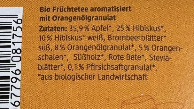 Zutatenliste Tee spanische Orange