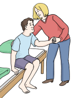 Abbildung eines Mannes, dem aus dem Bett geholfen wird