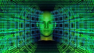 Grünes abstraktes Gesicht aus Linien inmitten verschiedener Formen und Buchstaben