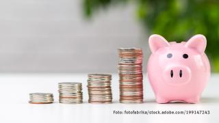 Rosa Sparschwein neben mehreren Reihen Geldmuenzen