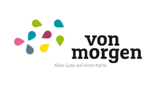 Illustration von bunten Blütenblättern mit Schriftzug "von morgen: Alles Gute auf einer Karte"