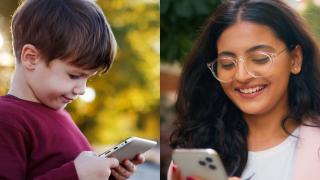 links ein circa sechsjähriger Junge, der auf einem Tablet am Ufer eines Sees spielt. rechte Bildseite: eine Teenagerin nutzt ihr Smartphone und lächelt.