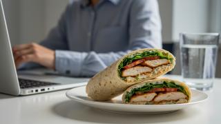 Zwei Wraps auf einem Bürotisch mit Mensch am Laptop im Hintergrund